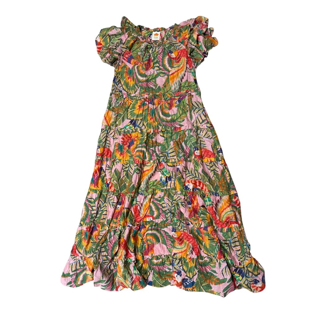 Farm Rio Pink Tropical Parrot Tiered Maxi Dress Flutter Sleeve Womens Size L - Picture 3 of 10